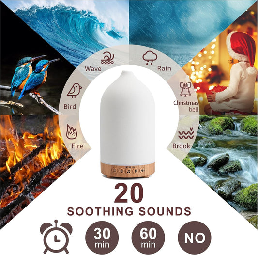 200ML White Noise Ceramic Diffuser,Sleep Sound Machine with 20 Natural Soothing Sounds, 7 Color Lights,Essential Oil Diffuser, Timer for Baby, Kids, Adults, Office, Home(Wood Grain)