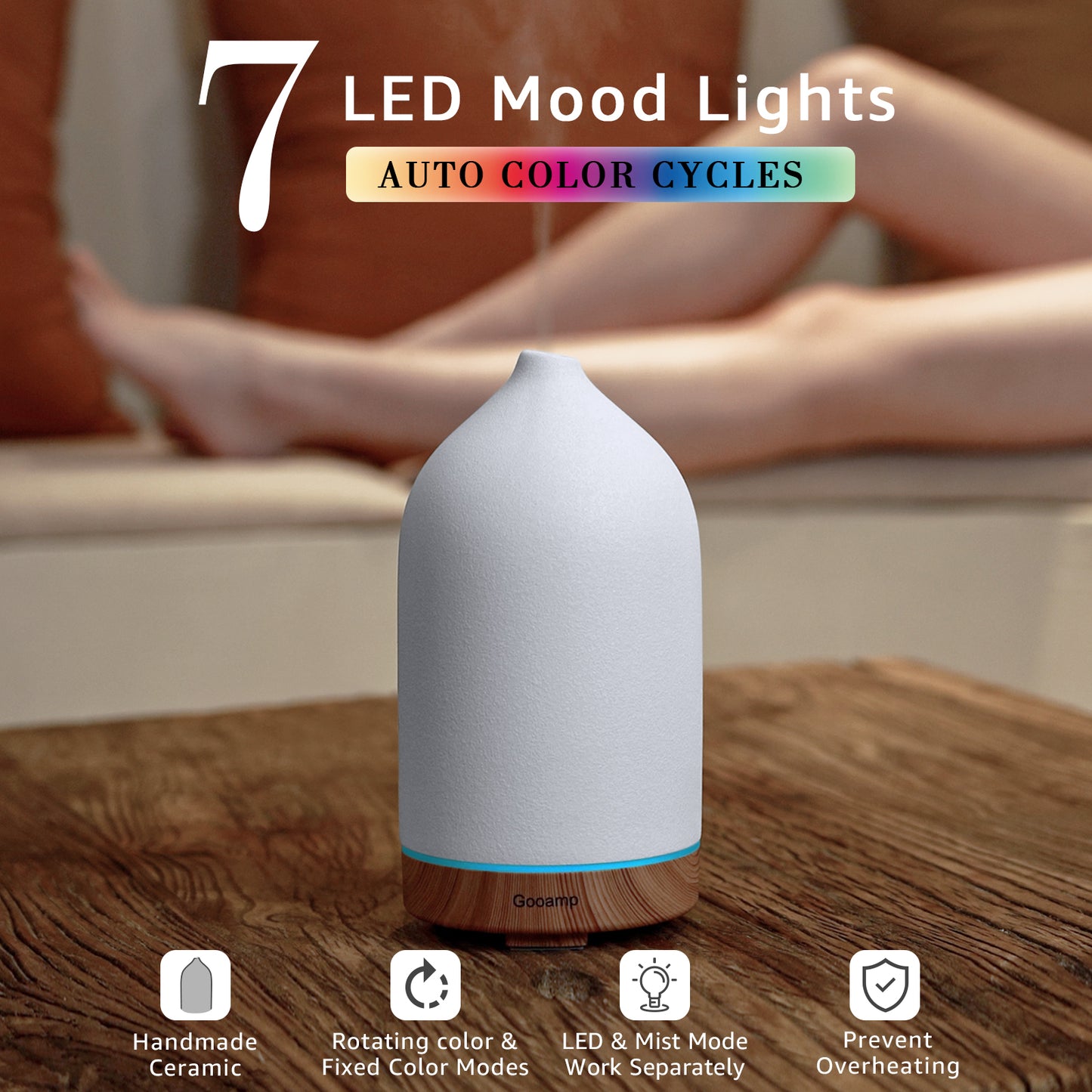 200ML Ceramic Diffuser,Aromatherapy Diffuser,Essential Oil Diffuser with 7 Color Lights Auto Shut Off for Home Office Room,Wood Grain Base (1/3/6/ON hrs Working time)