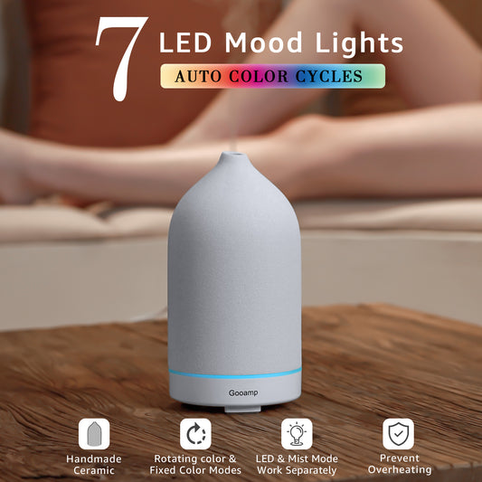 200ML Ceramic Diffuser,Aromatherapy Diffuser,Essential Oil Diffuser with 7 Color Lights Auto Shut Off for Home Office Room,White (1/3/6/ON hrs Working time)