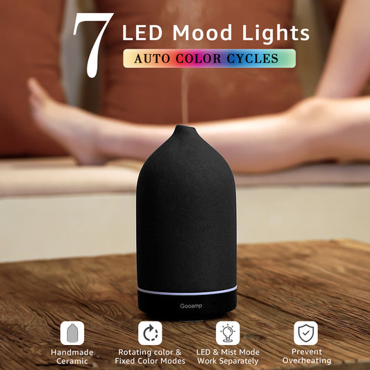 200ML Ceramic Diffuser,Aromatherapy Diffuser,Essential Oil Diffuser with 7 Color Lights Auto Shut Off for Home Office Room, Black (1/3/6/ON hrs Working time)
