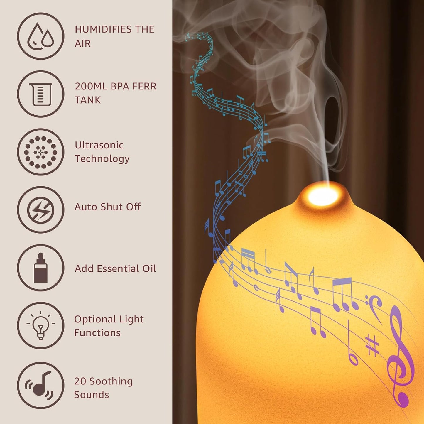 200ML White Noise Ceramic Diffuser,Sleep Sound Machine with 20 Natural Soothing Sounds, 7 Color Lights,Essential Oil Diffuser, Timer for Baby, Kids, Adults, Office, Home(Wood Grain)