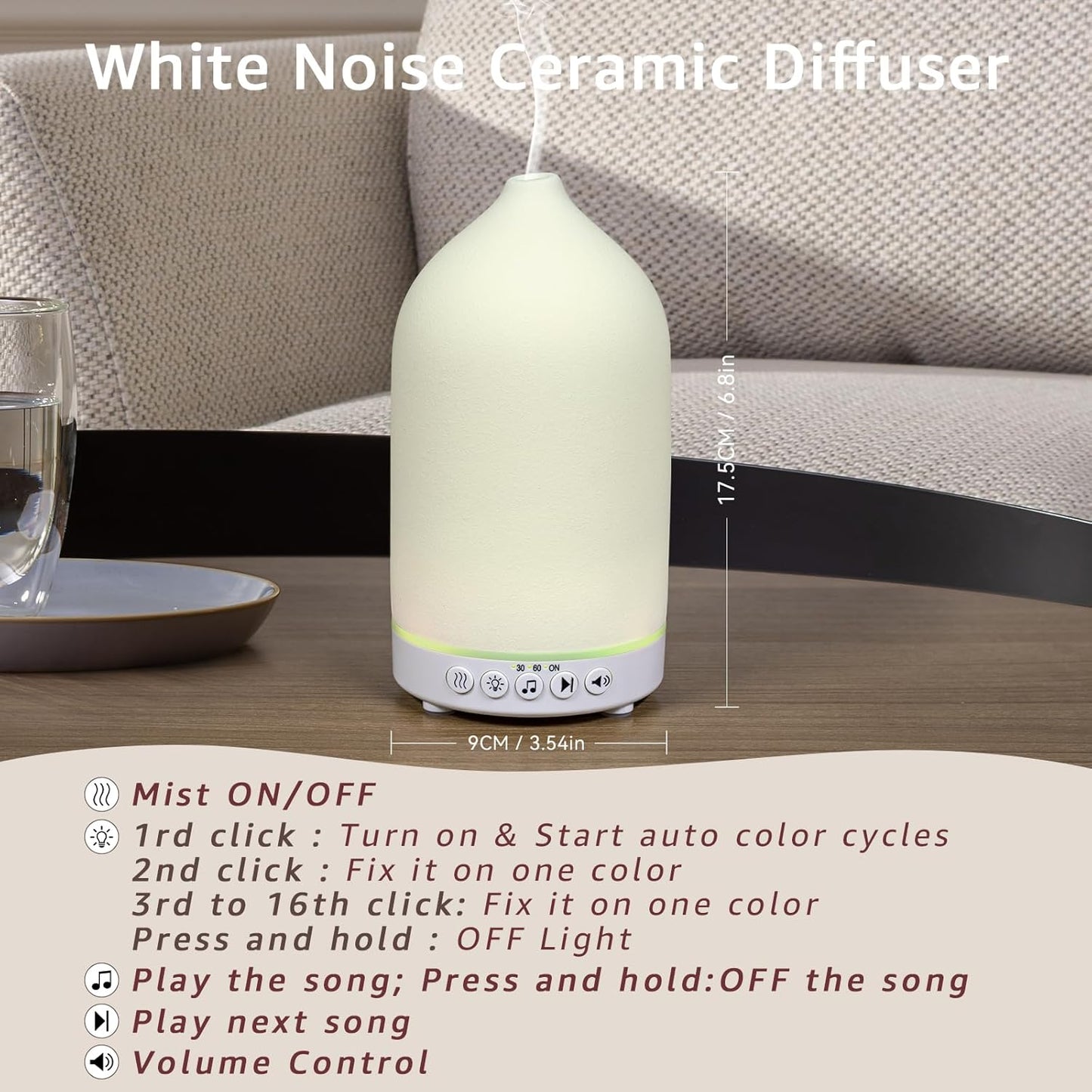 200ML White Noise Ceramic Diffuser,Sleep Sound Machine with 20 Natural Soothing Sounds, 7 Color Lights,Essential Oil Diffuser, Timer for Baby, Kids, Adults, Office, Home(White Grain)