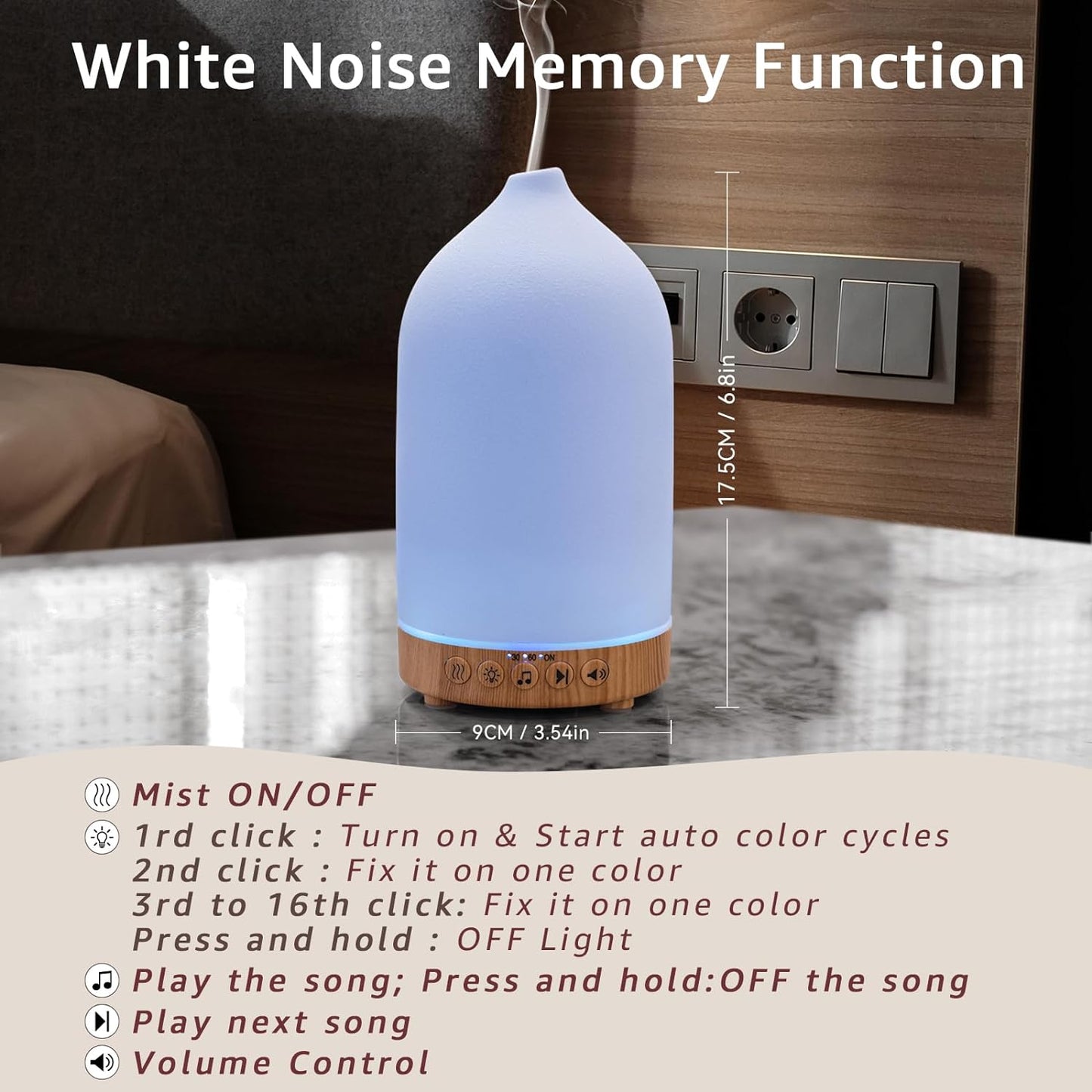 200ML White Noise Ceramic Diffuser,Sleep Sound Machine with 20 Natural Soothing Sounds, 7 Color Lights,Essential Oil Diffuser, Timer for Baby, Kids, Adults, Office, Home(Wood Grain)