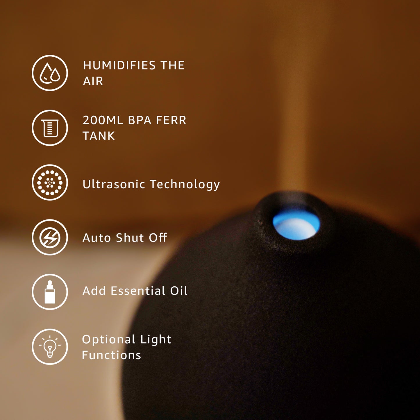 200ML Ceramic Diffuser,Aromatherapy Diffuser,Essential Oil Diffuser with 7 Color Lights Auto Shut Off for Home Office Room, Black (1/3/6/ON hrs Working time)