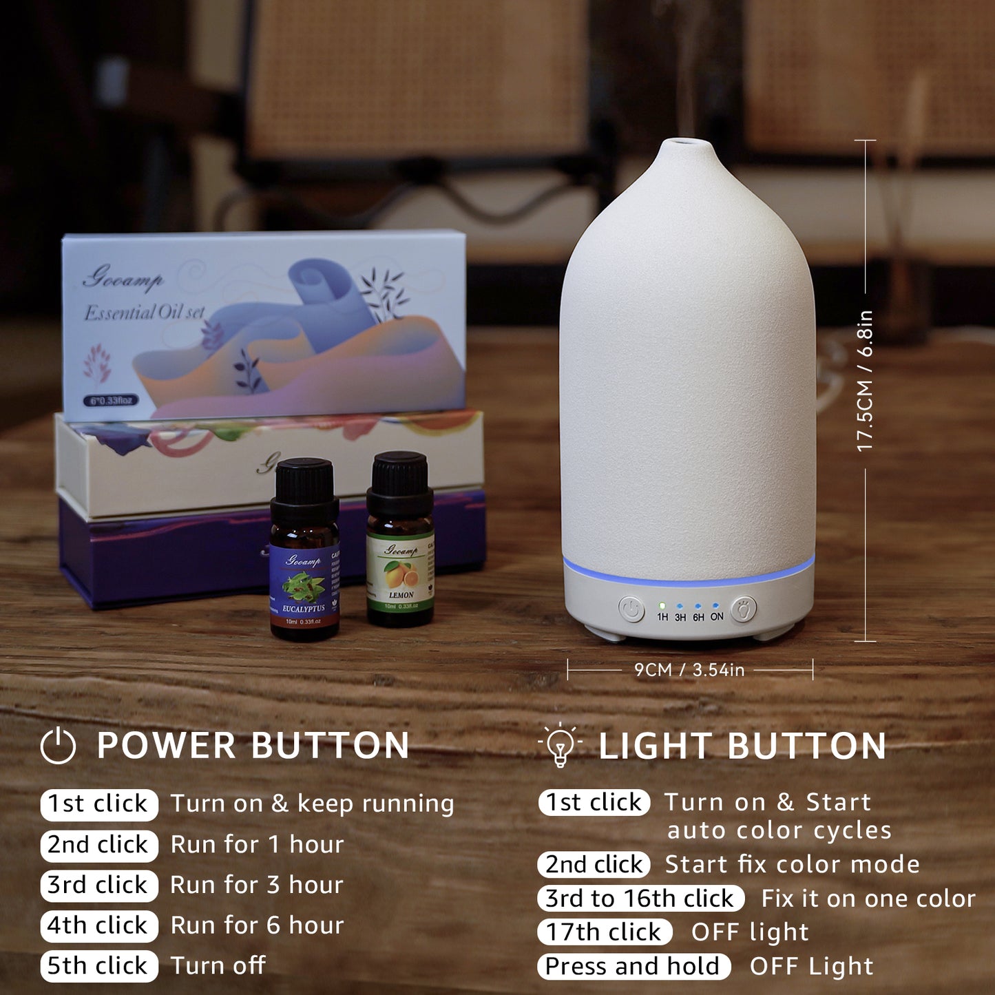 200ML Ceramic Diffuser,Aromatherapy Diffuser,Essential Oil Diffuser with 7 Color Lights Auto Shut Off for Home Office Room,White (1/3/6/ON hrs Working time)