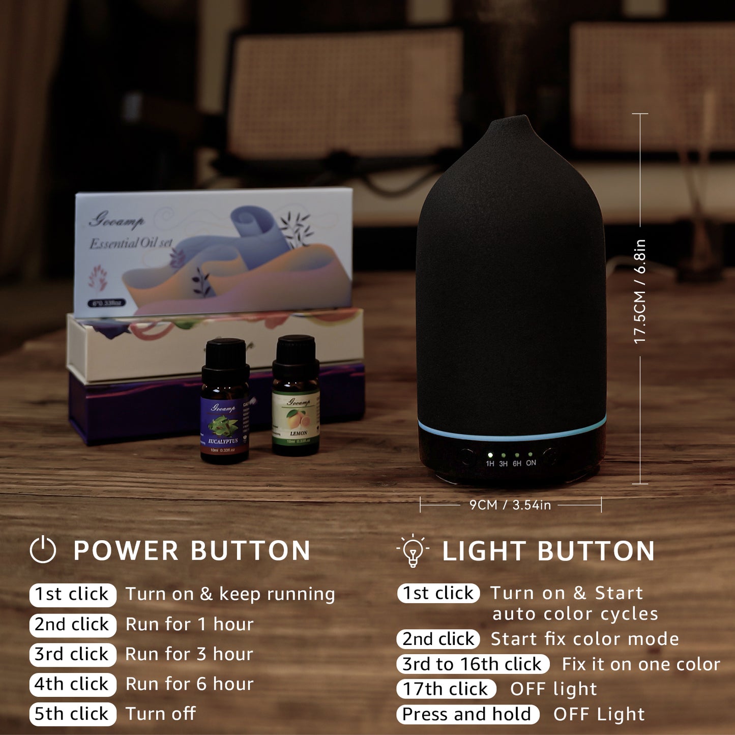 200ML Ceramic Diffuser,Aromatherapy Diffuser,Essential Oil Diffuser with 7 Color Lights Auto Shut Off for Home Office Room, Black (1/3/6/ON hrs Working time)