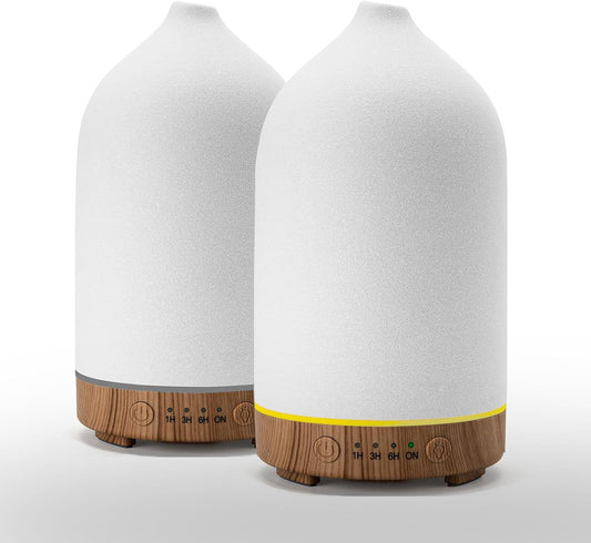 200ML Ceramic Essential Oil Diffuser (Set of 2) - Ultrasonic Aromatherapy & Humidifier with 7-Color LED Lights, Auto Shut-Off, Wood Grain Base, 1H/3H/6H Timer | Scent for Home, Office, Yoga