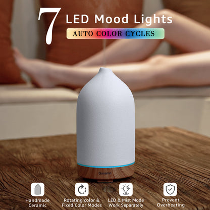200ML Ceramic Essential Oil Diffuser (Set of 2) - Ultrasonic Aromatherapy & Humidifier with 7-Color LED Lights, Auto Shut-Off, Wood Grain Base, 1H/3H/6H Timer | Scent for Home, Office, Yoga