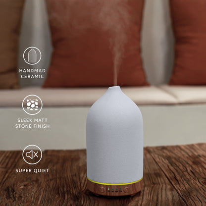 200ML Ceramic Essential Oil Diffuser (Set of 2) - Ultrasonic Aromatherapy & Humidifier with 7-Color LED Lights, Auto Shut-Off, Wood Grain Base, 1H/3H/6H Timer | Scent for Home, Office, Yoga