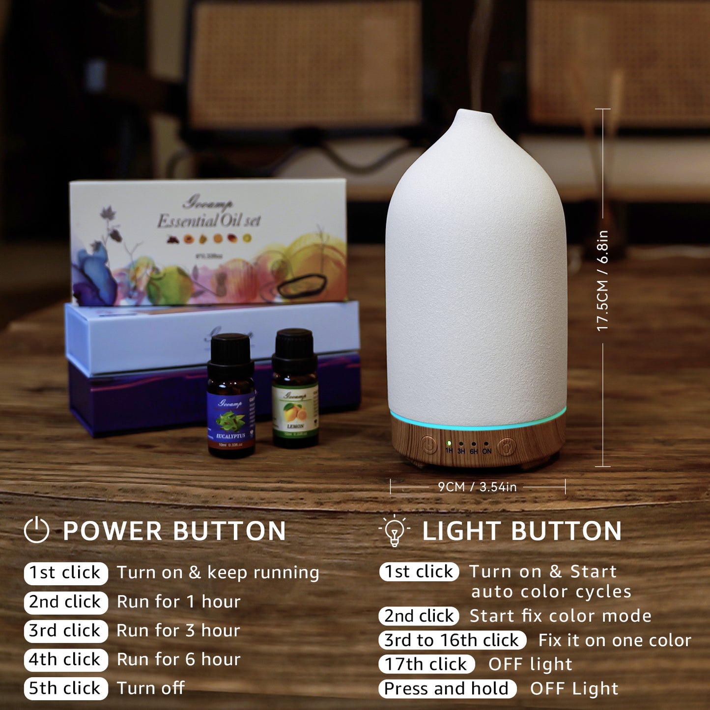 200ML Ceramic Essential Oil Diffuser (Set of 2) - Ultrasonic Aromatherapy & Humidifier with 7-Color LED Lights, Auto Shut-Off, Wood Grain Base, 1H/3H/6H Timer | Scent for Home, Office, Yoga
