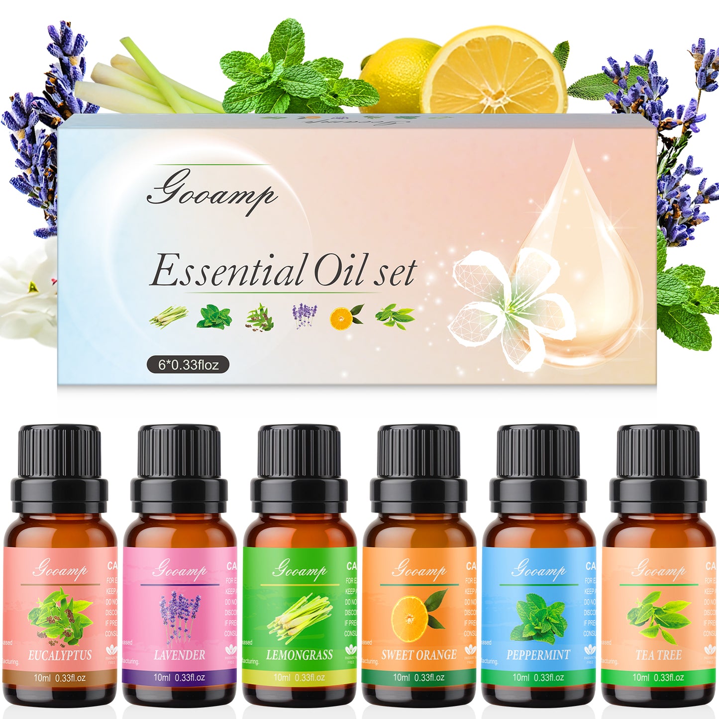 Essential Oils Set-Top 6 Organic Blends for Diffusers,Candle Making,Aromatherapy,Humidifiers,Gifts - Peppermint,TeaTree,Lavender,Eucalyptus,Lemongrass,Orange(6X0.33 fl oz)
